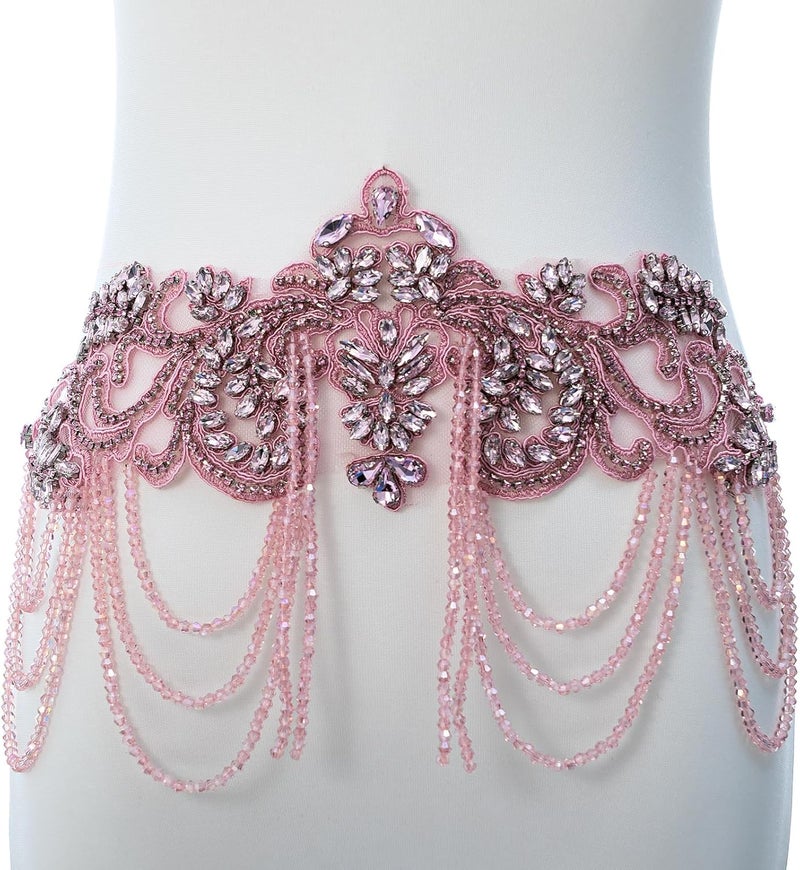 amusediy Pink Beaded Rhinestones Applique Embellishment for Clothes,Epaulettes Shoulder Patches Sew-on Diamond Sequin Applique for Wedding Dress DIY Accessories Belt Waist Decoration - Image 3